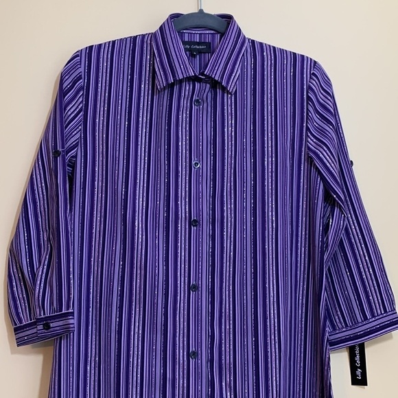 Lilly Collection | Purple Striped Button Down Metallic Thread Shirt Dress NWT S - Picture 16 of 17